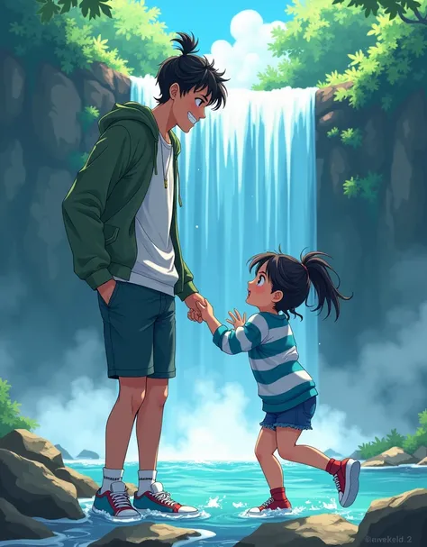  Anime style, vibrant colors, an adult tall boy, messy man bun, wearing a white sweat and green jacket, a girl in blue pants stripped sweater, playing in a waterfall 