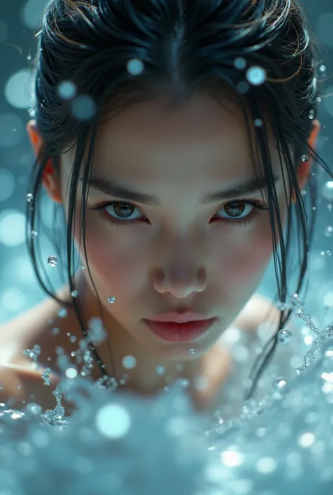 Epic water bending shot, in front, Award WinningPhotographs, Wuxia, A beautiful Indonesian women，extreme close - upfocus on face, in the style of photorealistic eye, bokeh，in the style of hyperrealistic illustration, super ultra detail, movie screenshotUnr...