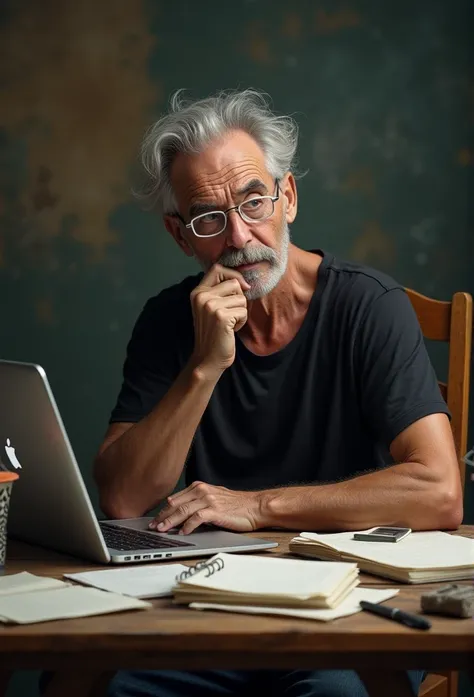 Old man wearing white glasses, Black T-shirt with hair and moustache, Brown pants, Sitting in a chair , On a table with an open computer and some written sheets.