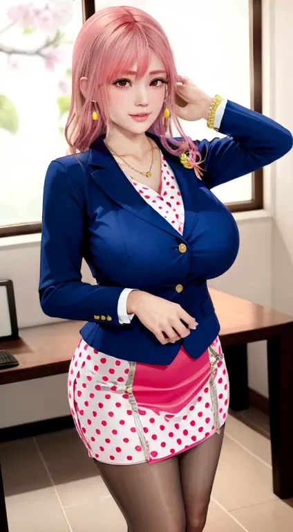 Honoka,   Secretary，Pink Hair，cleveage，big breasts, pink polka dot blazer, Pantyhose，Lovely，necklace，earrings，Red lips，Shy, secretary, office, yellow pencil skirt