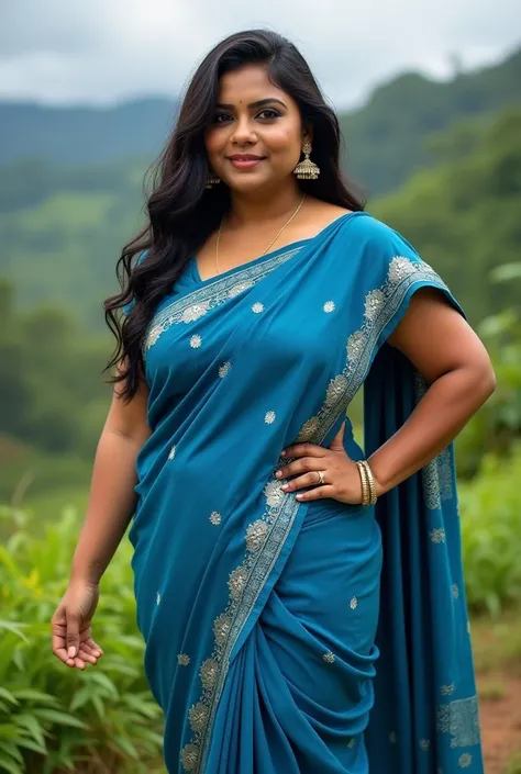 Kerala curvy chubby female aged 28 with fair skin and black hairs wearing blue kerala saree in outdoor wayanad. Realistic photo