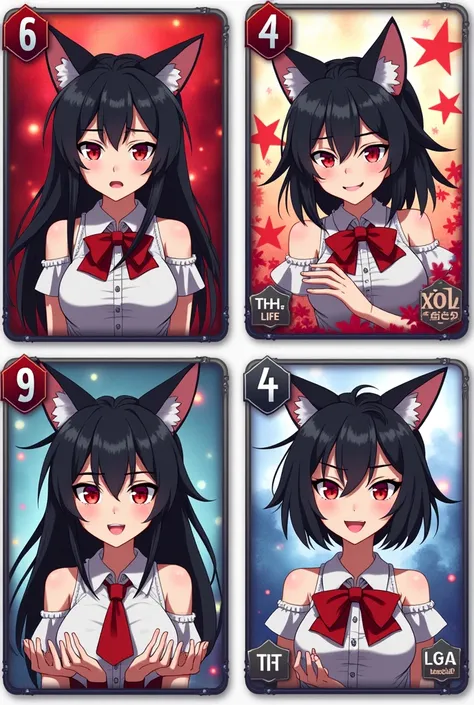 Create an image containing four cards for an anime card game. Each letter must have the following design:

character Image: In the center of each card, Incluye una ilustración detallada y colorida de un character de anime cat girl, red eyes, black hair, fr...