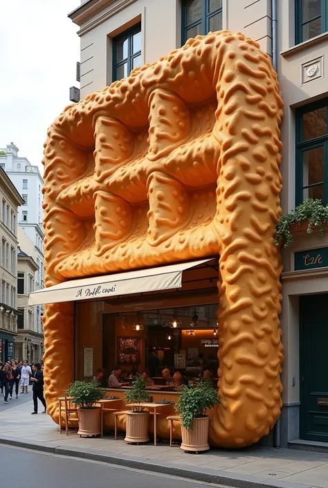 Croffle shop that the external design has a croffle but it is just a illusion because the internal is like a normal square shop

Note: croffle is a waffle that is shaped in croissant 