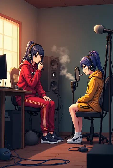 Characters with anime features, one is dressed in a red and black Nike set and the other is in yellow and black, inside a house while recording songs in the home studio, one smokes a cigarette and uses the computer, the other is inside the cabin recording ...