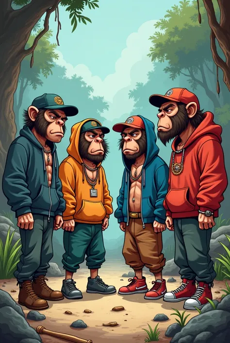 Four.cartoon human neanderthal teenagers dressed as street thugs, gangsters, and rappers set in the prehistoric times. Weaponized with rocks, nets, wooden slingshots, and wooden caveman club.