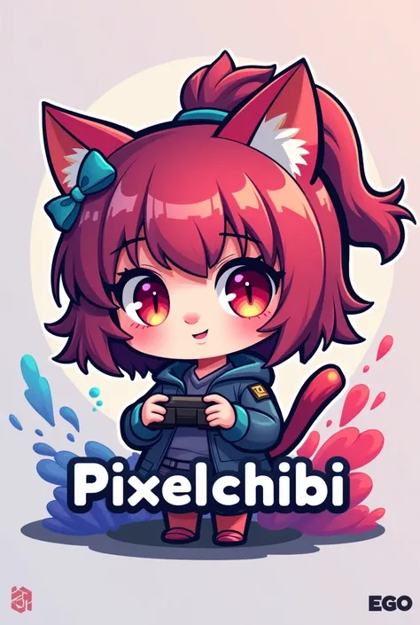 An application logo, 
An app called PixelChibi , in relation to gaming a cat girl with red eyes, fringe, and ponytail