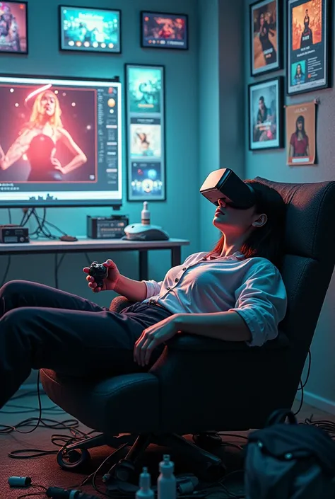 Concept: A person with virtual reality goggles on, reclining in a chair surrounded by tangled wires and empty lubricant bottles. Their body is limp, with one hand still loosely holding a gaming controller. The background is a chaotic blend of pornographic ...