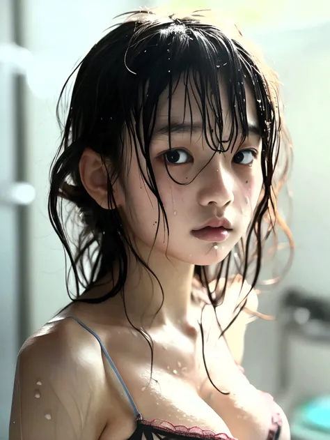 realistic,Japanese、slender young girl、,mini underwear,lingerie、My whole body is wet、(my hair is wet),sweaty、Abdominal muscles、Random Location、Random composition、In town、The whole body is shown