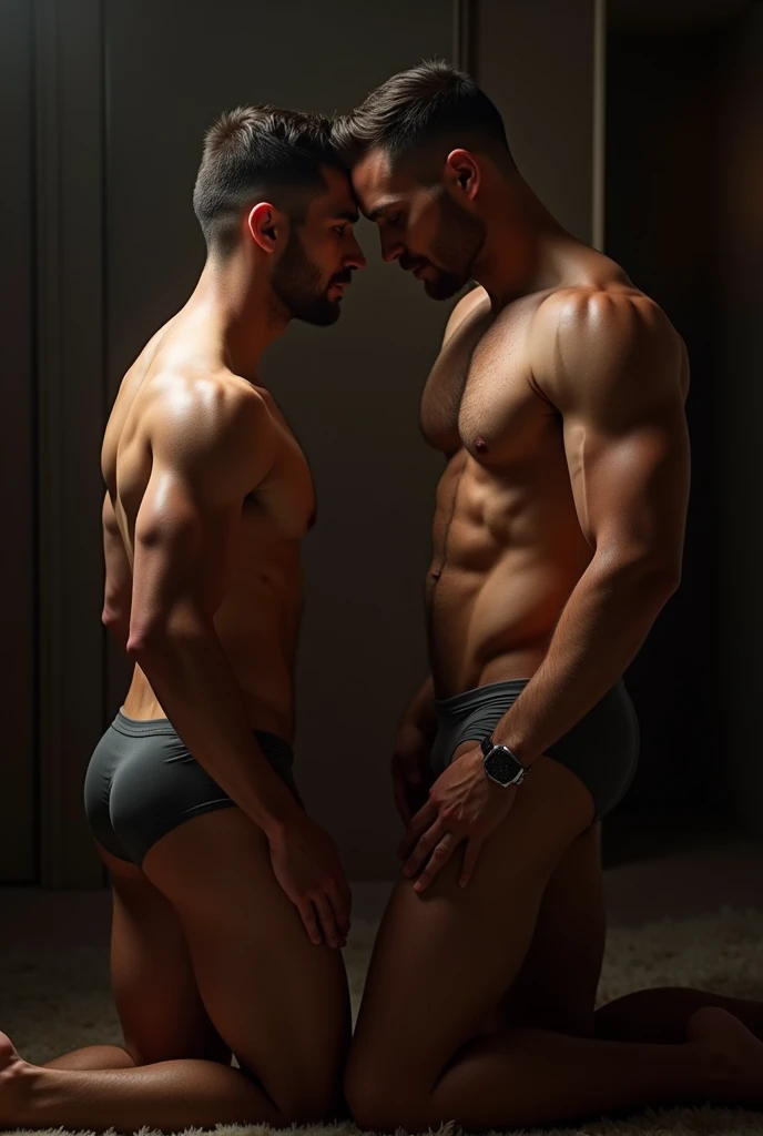 Two gay men in underwear, one of them is kneeling and being submissive 