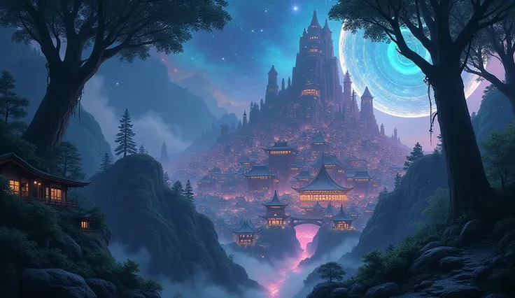 landscape of dreamlike art a beautiful night city of fantasy forest city of japan

Art Styles: Fantasy, cosmic, eldritch, detailed, majestic

Lighting: Ethereal, cosmic lighting with vibrant highlights and deep shadows

Render-related: High resolution with...