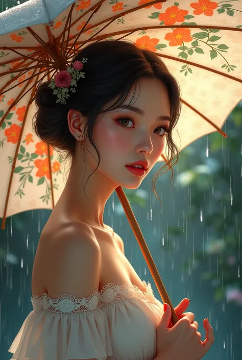 A close-up of a woman holding an umbrella. The inside of the umbrella has a floral pattern.、lots of flowers, Beautiful drawing style, on a rainny day, rain!!, Beautiful art, Beautiful artwork, in the rain, Beautiful illustrations, rain!!!!, raining!, digit...