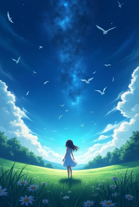 Magic Starry Sky,Birds are flying,grassland,female,White dress,Anime Style,Makoto Shinkai style,Colorful