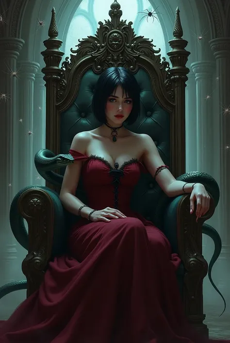 A throne room with a gothic aesthetic and a girl with black short hair wearing a dark red dress and a black crown sitting on the throne with a proud smirk, with a dark green snake on her shoulder with spiders in the background making webs.