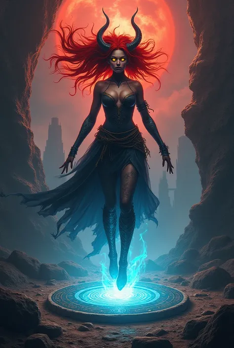 Demon woman with fiery hair and yellow eyes levitating over a circle of rocks with blue fire around her. There are dimensional portals in a ruined environment with a deep red sky.