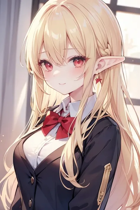 Blonde hair red eyes、 girl、, elf, medium breasts、long hair、smile、gal girl、wearing cute earrings、uniform、knit cardigan、With highlights around the eyes、cute hairpin、I can see the whole body、School