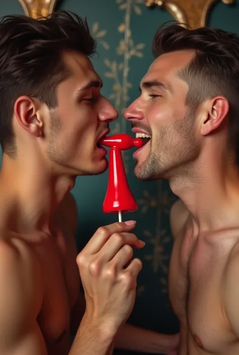 Two gay men having sex while sucking on a penis-shaped lollipop 