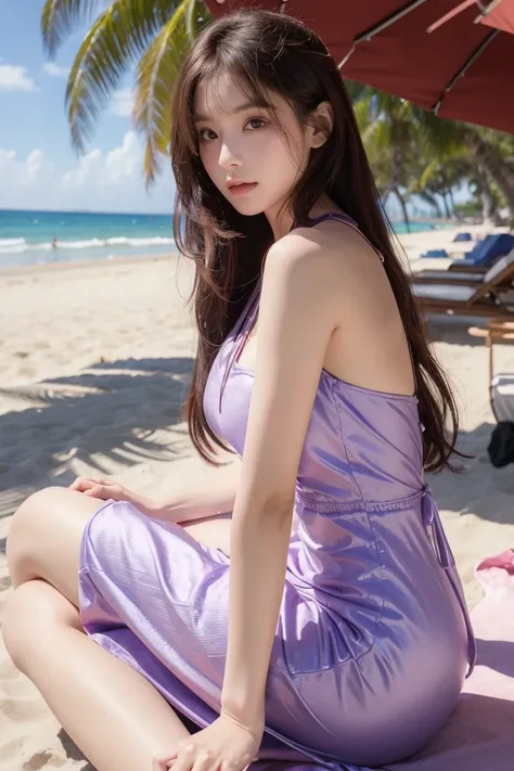 masterpiece, high resolution, best quality, Very detailed, Pink Eyes, Beautiful woman, Purple dress，beach，Long hair