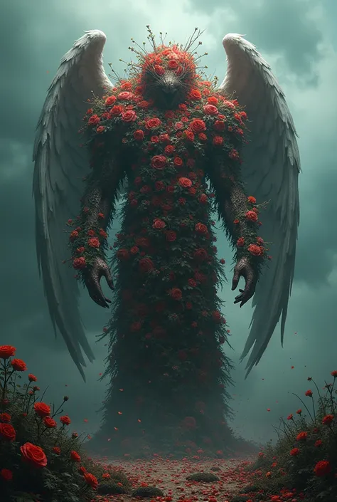 Psychological horror guardian angel monster made of flowers full of eyes 