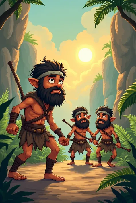 Cartoon human neanderthal teenagers dressed as ninjas  set in the prehistoric times. Weaponized with rocks, nets, wooden slingshots, and wooden caveman club.