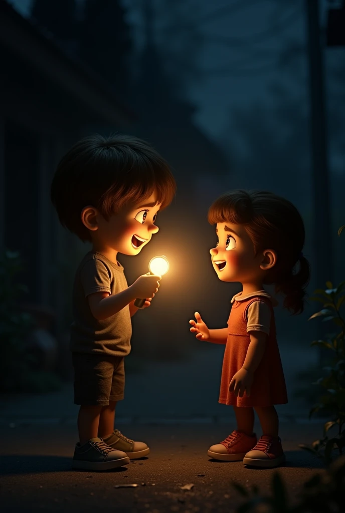 Super realistic, backlight by flashlight, A boy and a girl are in the dark. The boy is trying to make a scary face by shining a flashlight from under his face to scare the girl. Light from below. Shadows on the face caused by lighting from below. The girl ...