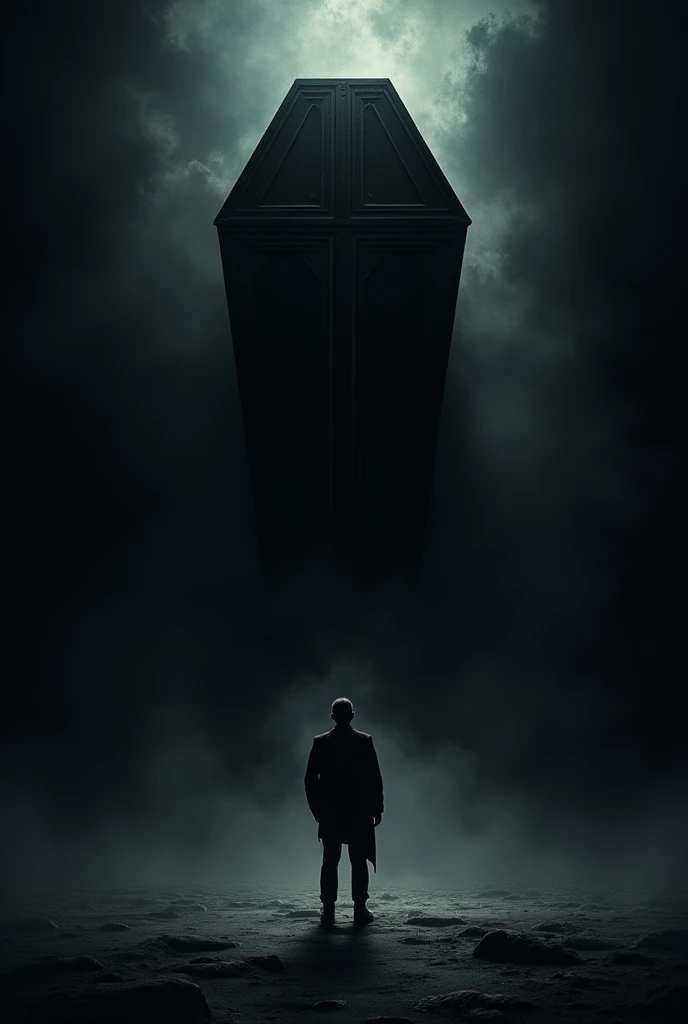 A very dark black background with a man in the middle and a very big coffin behind him