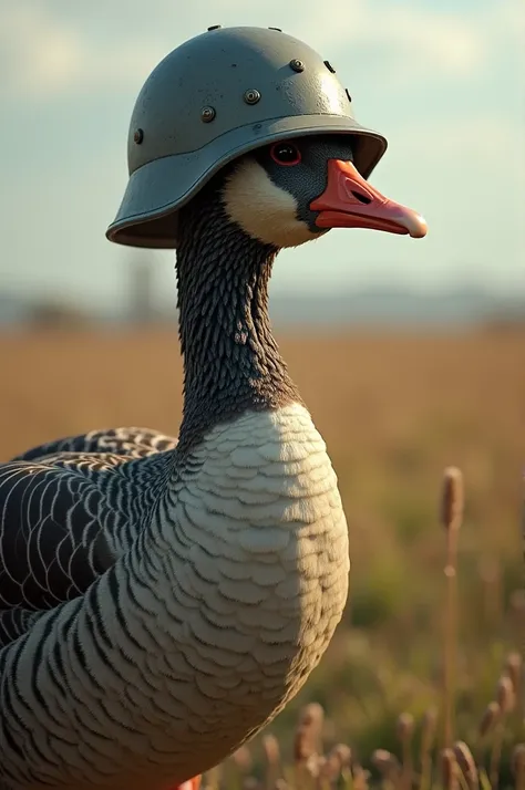 Create an image of a goose wearing a military helmet