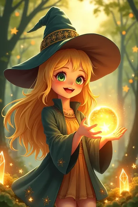 Realistic,Anime Style ,a around 2 witch ,open her mouth and laugh, cute witch with golden hair,witch hat,green eye , she has a shimy golden magical ball,in golden forest ,Crystal,,world renowned artists, antique renewel,Fantasy,,gorgeous,
