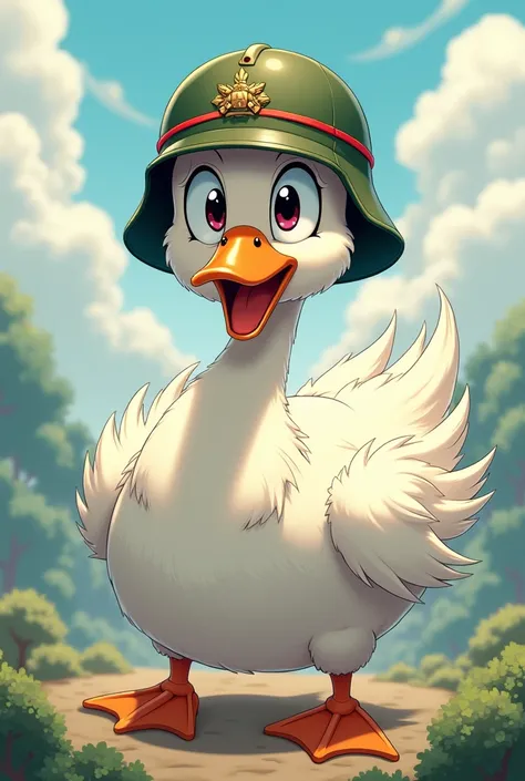 Create an image of a goose wearing a military helmet you can make it anime style 