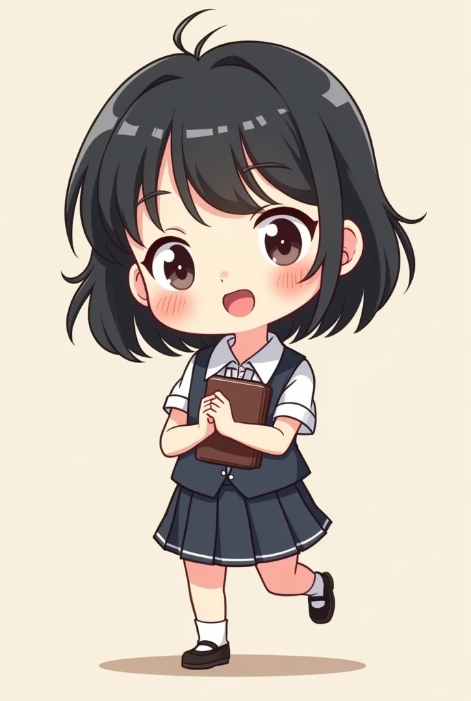 Female happy chibi teacher short black hair wearing teacher uniform