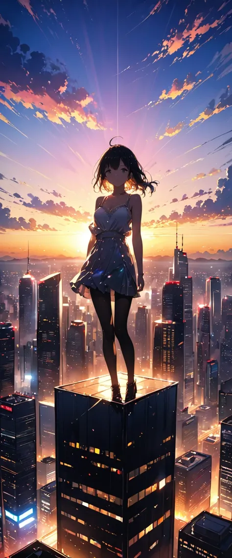 Beautiful CG。Cinema Lighting ,masterpiece, Highest quality, 8k.(Skyscrapers。上空にSkyscrapers。大空に逆さまになったSkyscrapers。Light of the sun。Beautiful city lights。Beautiful sunset。Colorful Clouds),The black silhouette of a girl on the roof of a skyscraper。