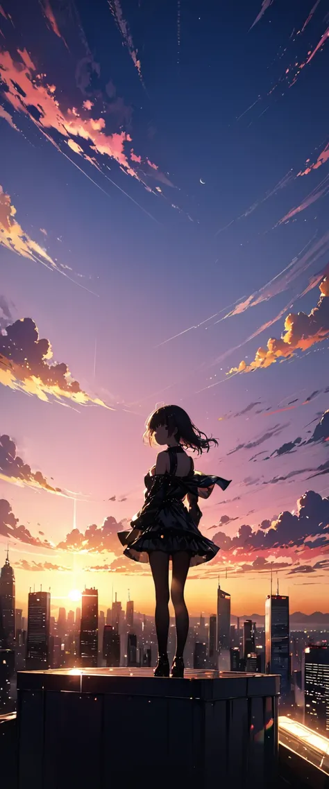 Beautiful CG。Cinema Lighting ,masterpiece, Highest quality, 8k.(Skyscrapers。上空にSkyscrapers。大空に逆さまになったSkyscrapers。Light of the sun。Beautiful city lights。Beautiful sunset。Colorful Clouds),The black silhouette of a girl on the roof of a skyscraper。