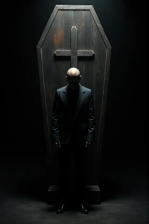 ((best quality)), ((masterpiece)), (detailed), Black dark background with a man in the middle and a big scary coffin behind him