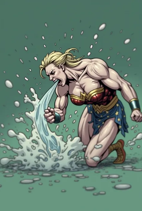 (sweaty)(muscular)A manga panel of a very sweaty Wonder Woman getting punched in the gut. Shes vomiting and coughing heavily, she spits out lot of visible saliva, water, sweat repeatedly. Lot and Lot of water, saliva, sweat continously dropping from her mo...