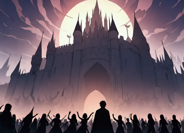 many silhouettes of people demonstrating angrily in front of a castle