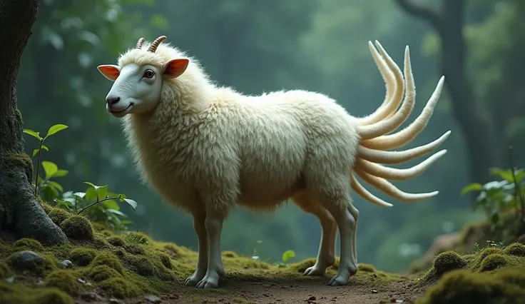 Side View，In the strange forest，There is a composite creature that looks like a sheep，It has two pairs of ears.，The tail is divided into nine long and thin tails(best quality，4K，8k，High level，masterpiece：1.2），Ultra Detailed，（lifelike，Photo real，Photo real：...