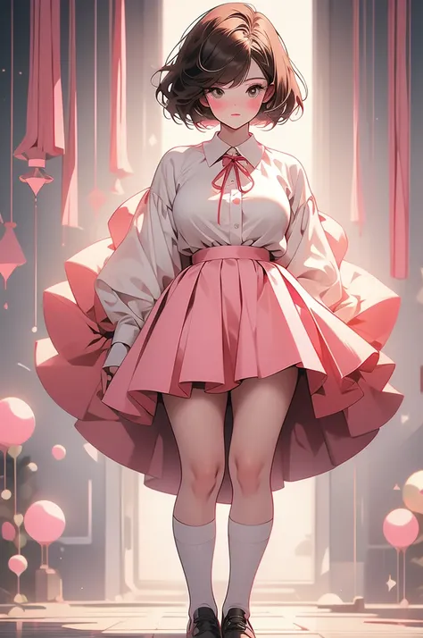 hair over eyes, hiding eyes, shy, emo, hidden face, brown hair, bob cut, bangs, white blouse, red ribbon, pink skirt, pleated skirt, knee-high socks, black socks, shy posture, hands behind back, plump curves, standing pose, big breasts