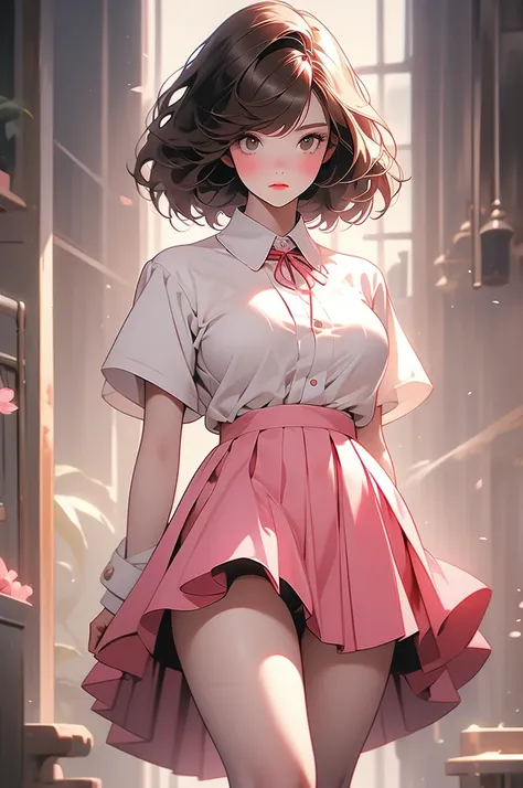 hair over eyes, hiding eyes, shy, emo, hidden face, brown hair, bob cut, bangs, white blouse, red ribbon, pink skirt, pleated skirt, knee-high socks, black socks, shy posture, hands behind back, plump curves, standing pose, big breasts