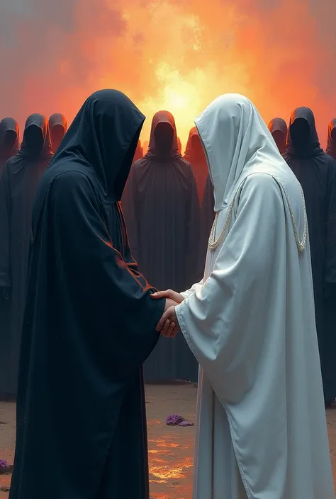 People in black robes face each other, with their backs to several people in white robes., Colorful horizontal background