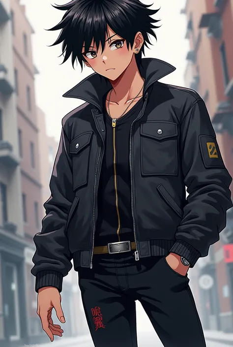 make me a character that has a stylish anime character with black hair of teenage boy i need a full body characyer with stylish outfit

