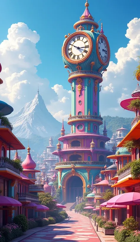 Colorful and beautiful、Urban Scene、There is a clock tower、Pixar Style、There are many buildings、Future World