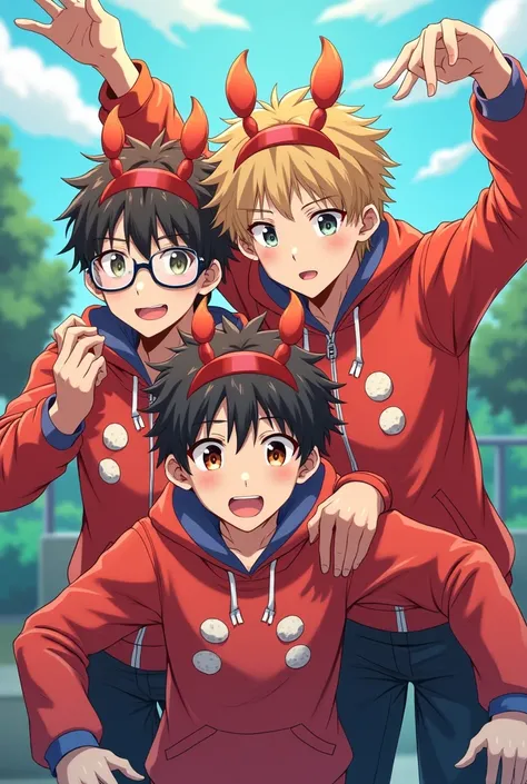 Trio teen boys wearing like a crab, one of them wear a glasses,anime style