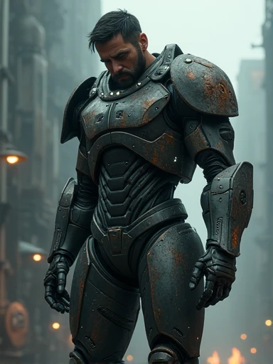 (Masterpiece.Uhd. Photorealistic. Analog photography) full body.a half-human, half-machine soldier, giant warrior armor. confronted with his own transformation, dramatic lighting, cyberpunk, dystopian, gritty, dark, moody, cinematic, 8k, detailed, hyperrea...