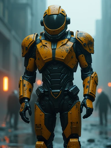 (Masterpiece.Uhd. Photorealistic. Analog photography) full body.a half-human, half-machine soldier, giant warrior armor. confronted with his own transformation, dramatic lighting, cyberpunk, dystopian, gritty, dark, moody, cinematic, 8k, detailed, hyperrea...