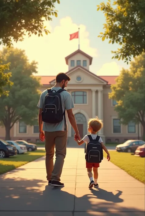 Make a father taking his child to the school… no bag pack for father… in front of them there will be a school