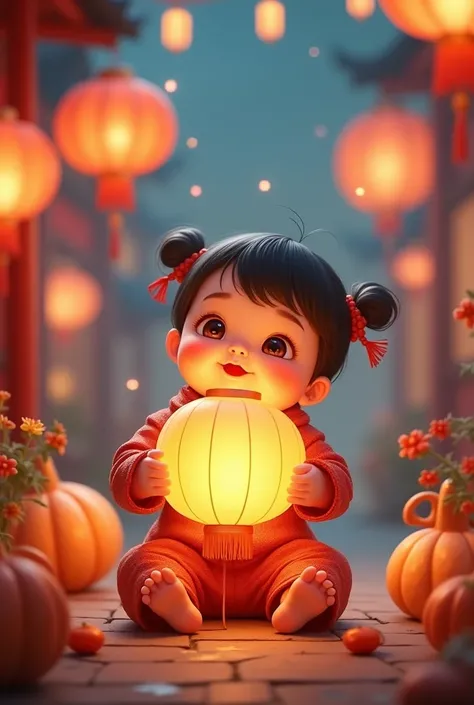 A picture of a little baby holding a lantern playing during the Mid-Autumn Festival.