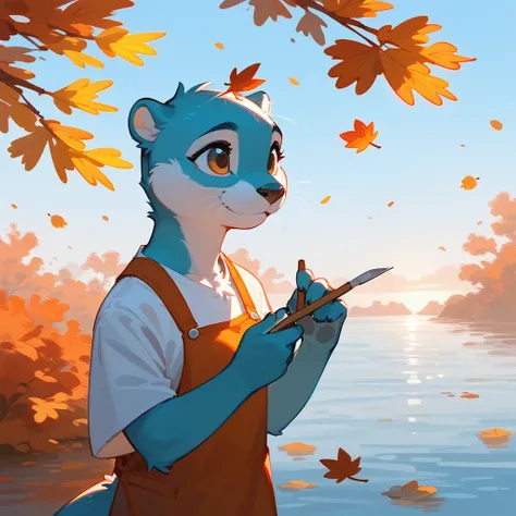 sky blue fur, white fur, 1 otter anthro painter, animal character, cute, little, painter, water background, various colors, beautiful lighting, expressive, autumn