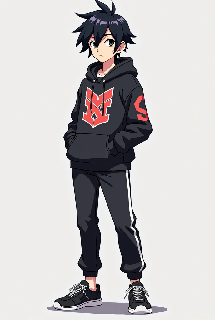 make me a character that has a stylish anime character with black hair of teenage boy i need a full body characyer with outfit like hoodie and a track and full body 
