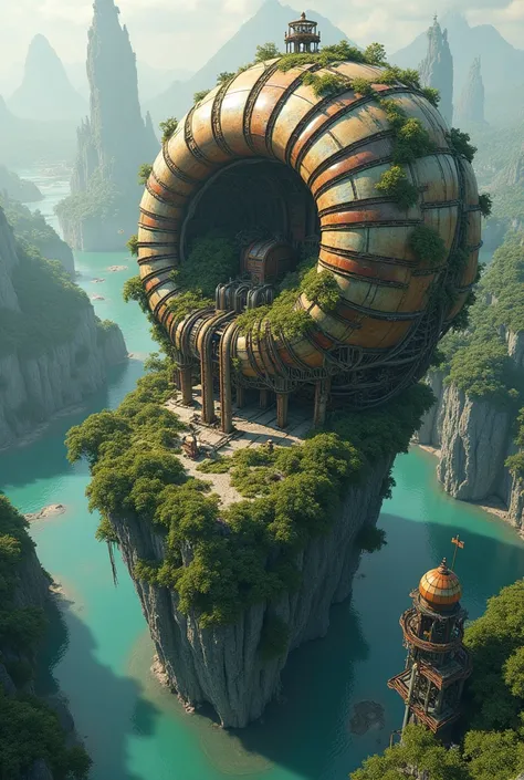 a 2 perspective view from above, shell shaped civilization continent with steampunk technology and balanced ecosystem 