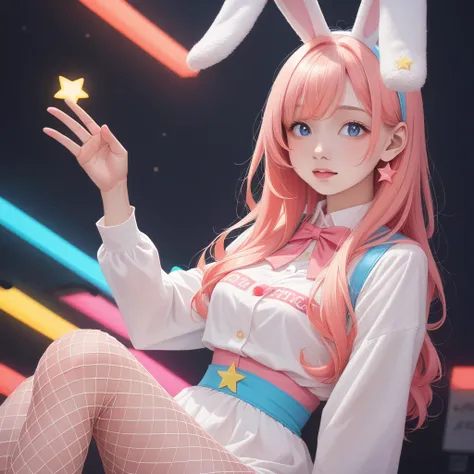 score_9_Excellent, score_8_Excellent, score_7_Excellent, score_6_Excellent, One person, One personで, pastel colour, Long Hair, star , (symbol), Bunny girl、Fishnet tights、Enamel Costume、net costume、Cleavage、A well-trained body、net costume、View your audience...