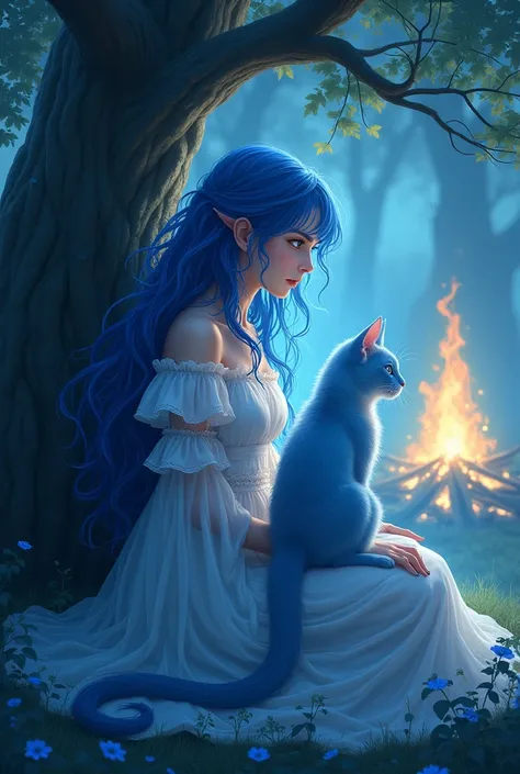 A beautiful girl sitting under a tree with a blue colour cat , with a beautiful blue hair,blue eyes girl, fire is burning behind the tree, a evil smiling beside the fire